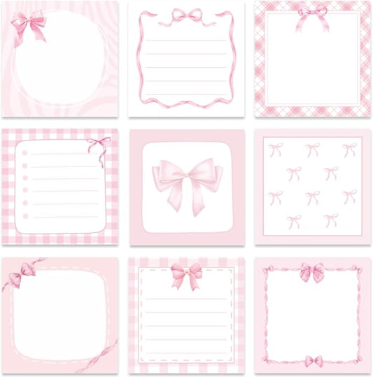 Pink Bow Sticky Notes Gifts - Lovarywow 9 Pack Pink Bow Sticky Notes Set 3x3 Inch Bowknot Post Notepads Gifts for Girls Women Cute Self Adhesive Memo Pad Office School Supplies 450 Sheets