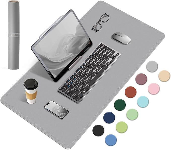 Dual-Sided Desk Pad, Natural Cork & PU Leather Mouse Pad for Desk, Desk Pad Protector, Non-Slip Desk Mat for Office and Home Work, (Light Gray, 23.6" x 13.7")