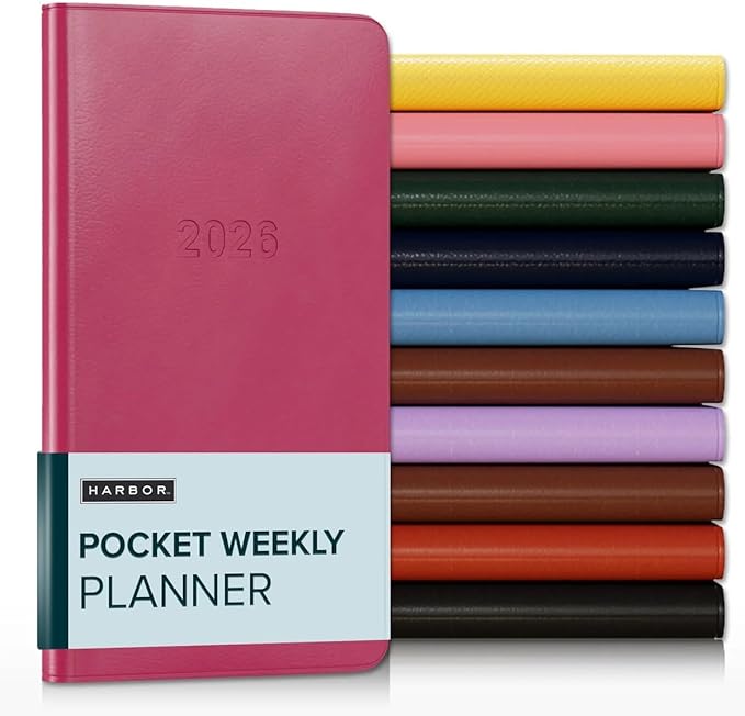 Harbor Pocket Weekly Monthly Planner 2025-2026 - Calendar Planner and Notebook, Durable Faux Leather, 192 Pages, Softcover & Book Bound - Cambridge Orchid Flower - 6 x 3.25 "
