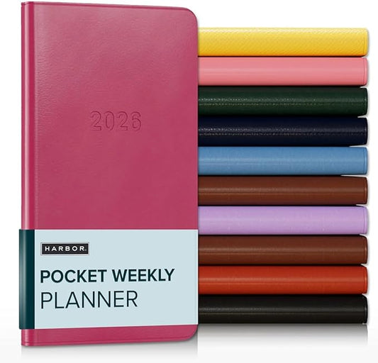 Harbor Pocket Weekly Monthly Planner 2025-2026 - Calendar Planner and Notebook, Durable Faux Leather, 192 Pages, Softcover & Book Bound - Cambridge Orchid Flower - 6 x 3.25 "