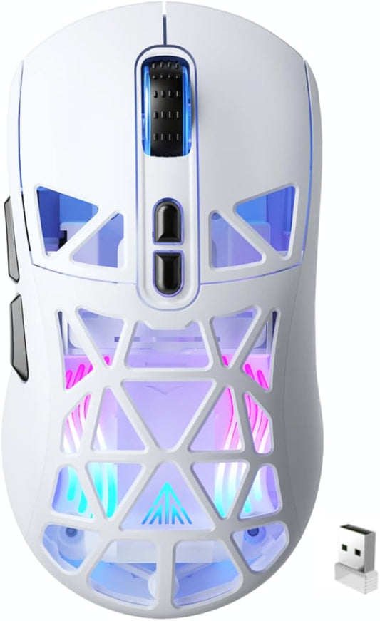 SM802 White Wireless Gaming Mouse,10000 DPI,Tri-Mode Wired/BT 5.0/2.4GHz Wireless Mouse Gaming with Side Button,RGB Programmable Macro Mouse for Laptop