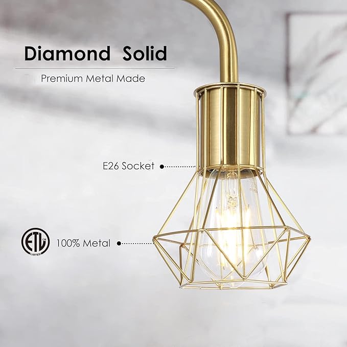 BoostArea Gold Floor Lamp, Industrial Floor Lamp, 6W Diamond Standing Lamp, E26 Socket, On/Off Footswitch, Whole Metal, Modern Small Simple Stand Up Lamp for Bedroom Living Room, Vintage, Mid Century