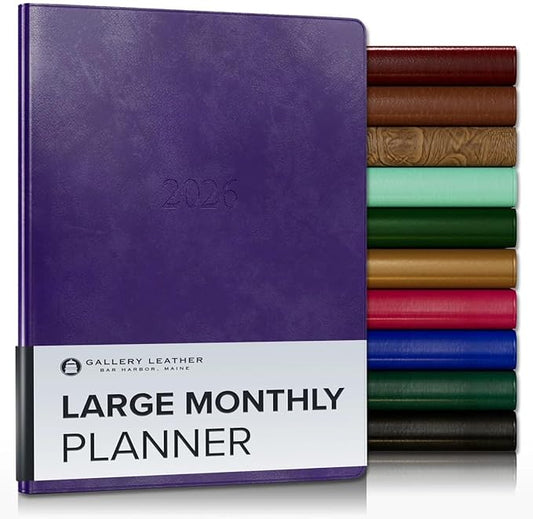 Gallery Leather Large Monthly Planner 2025-2026, Elegantly Bound Calendar Planner and Notebook with Stylish Gold-Gilded Page Edges, 18 Months - Acadia Plum - 9.75x7.5"