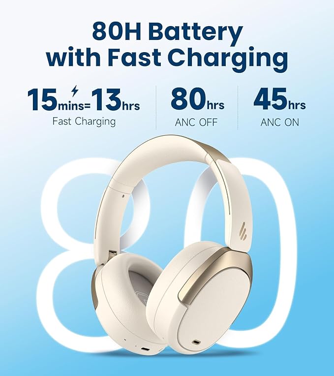 Edifier WH950NB Gen 2 Wireless Hybrid Active Noise Cancelling Headphones, Hi-Res Audio with LDAC 8-Level ANC, Spatial Sound 80H Playtime Bluetooth 5.4 Foldable 3.5mm AUX, Travel Case - Ivory