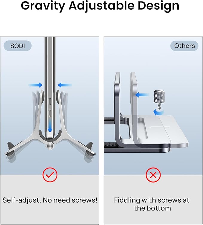 SODI Vertical Laptop Stand for Desk, Gravity Auto Lock Vertical MacBook Stand, Aluminum Laptop Vertical Dock Stand Holder Compatible with MacBook Pro, MacBook Air, Silver