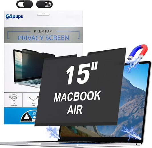 Strong Magnetic Privacy Screen Compatible with Macbook Air 15 Inch 2025 2024 2023 M2 M3 M4 A2941 A3114 A3241, Removable Screen Filter Macbook Air 15 inch Screen Protector with Camera Cover Anti Blue Light Glare