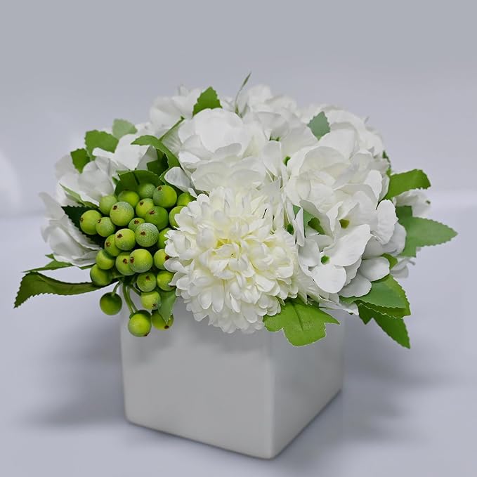 LADADA Flower in Ceramic vase, Artificial Hydrangea Flower Arrangement and vase Home Decoration Artificial Flower (White)