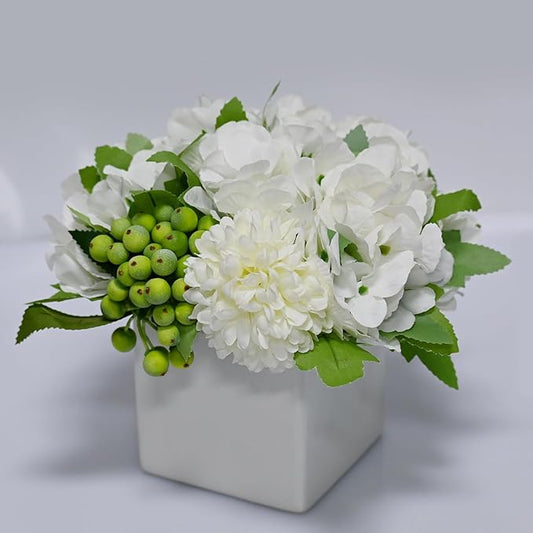 LADADA Flower in Ceramic vase, Artificial Hydrangea Flower Arrangement and vase Home Decoration Artificial Flower (White)