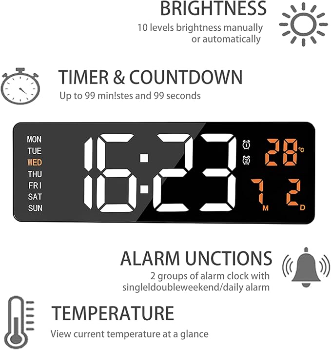 16" Large Digital Wall Clock, Count Down Timer with Remote, Alarm, Big LED Auto Dimming Wall Clock, Temperature Suitable for Living Room, Warehouse, Shop, Gym