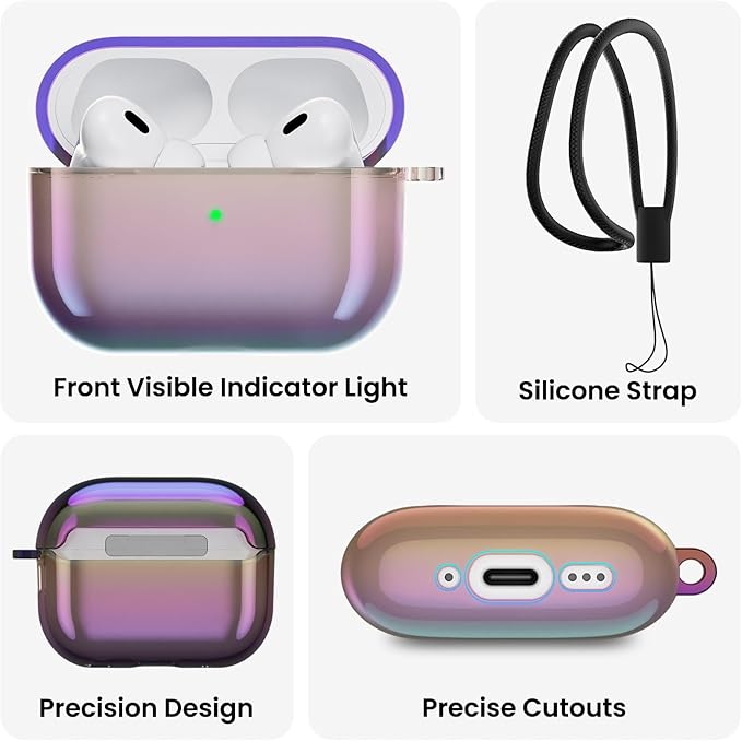 ORNARTO for AirPods Pro 2 Case 2023/2022–Stylish Gradient Clear TPU, LED Visible, Shockproof Protective Case Cover for AirPods Pro 2nd Generation with Lanyard-Iridescent Purple