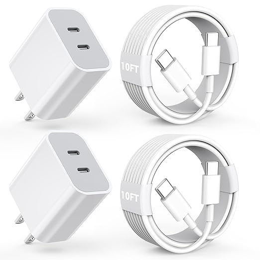 iPhone 17 Air/16e/15 Pro Max Charger Fast Charging, 2Pack 20W Dual USB C Fast Charger Block 10FT Long USB C to C Charging Cable Cord for iPhone 17/17 Pro/17 Pro Max/16 Pro Max/15 Pro/15 Plus/iPad Pro