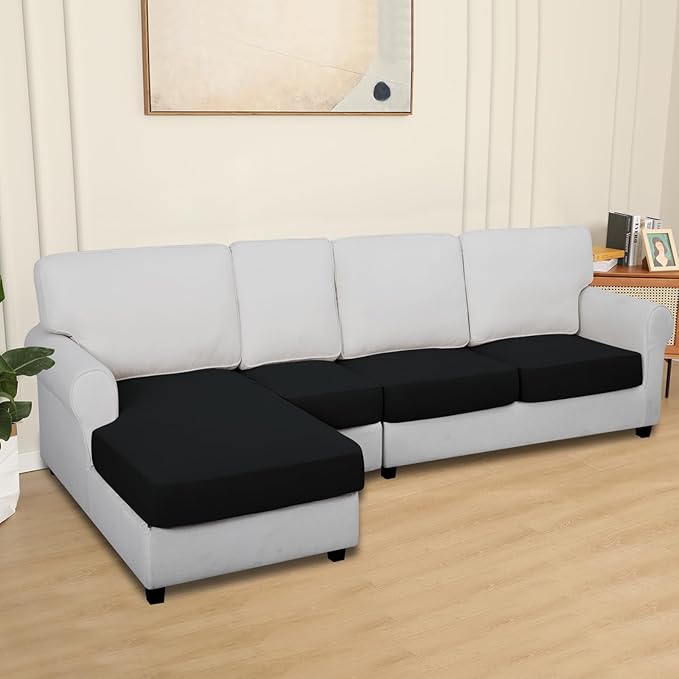 Easy-Going 100% Waterproof 4 Pieces Couch Cushion Covers for Sectional Sofa Left/Right L Shape Chaise Lounge Sofa Seat slipcover Anti-Slip Sofa Cover (3 Seater + 1 Chaise, Black