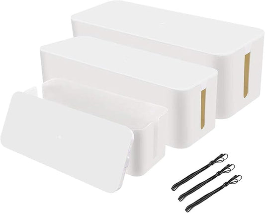 [Set of 3] 3 Cable Management Boxes + 3 Wire Ties, Large Cord Box Organizers to Hold and Hide Power Strip Charger Adapter Power Cord Charging Station USB HUB (White)