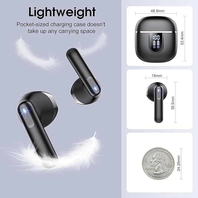 Wireless Earbuds, 2025 Bluetooth 5.4 Headphones with 3D Bass Stereo, 40H Ultralight in-Ear Buds, Bluetooth Earbuds with 4 ENC Noise Cancelling Mic, USB-C LED, IP7 Waterproof Earphones for Android iOS