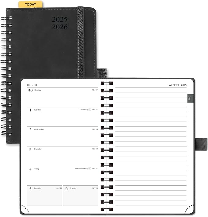 POPRUN Planner 2025-2026 Weekly Notebook (Pocket Size 4''x 6.25''), Small Academic Calendar for Purse with Spiral Soft Cover, Plastic Ruler, Inner Pocket, 100 GSM - Black