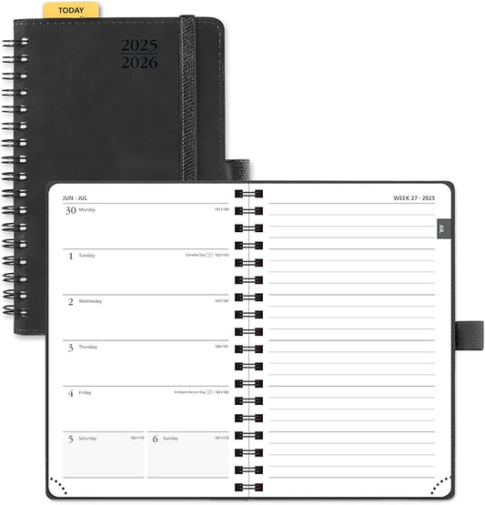 POPRUN Planner 2025-2026 Weekly Notebook (Pocket Size 4''x 6.25''), Small Academic Calendar for Purse with Spiral Soft Cover, Plastic Ruler, Inner Pocket, 100 GSM - Black