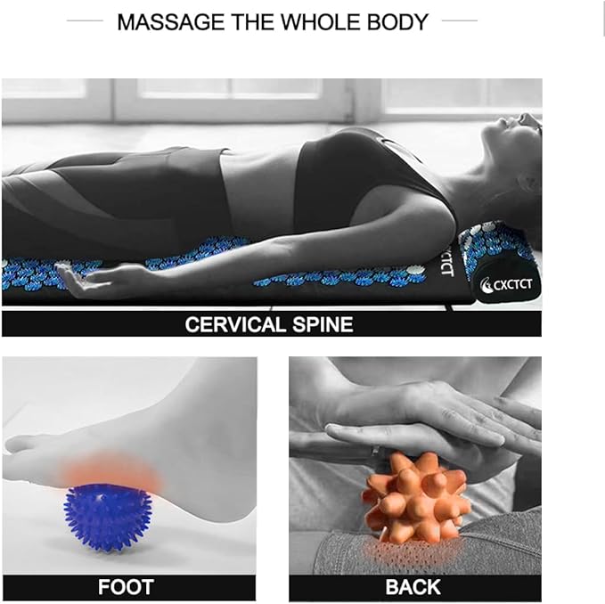 Extra Long Yoga Acupressure Mat Set,Massage Acupuncture Mat Large,Magnetic Mat Acupressure Body mat and Pillow for Neck Back Pain Relief(Blue)