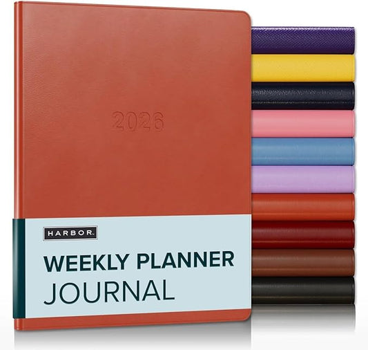 Harbor Weekly Journal Notebook Planner 2025-2026 - Lined, Durable Faux Leather, Softcover, 176 Quality Pages, For Men and Women, For Writing, Work & Travel, Cambridge Burnt Orange - 9x7"