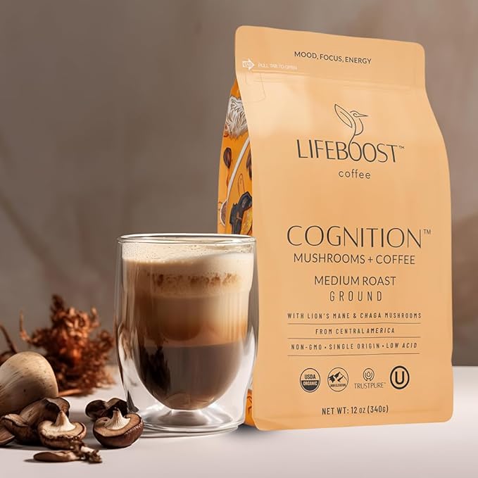 Lifeboost Cognition Adaptogenic Mushroom Coffee - Great Tasting Organic Lions Mane & Chaga Medium Roast Nootropic Coffee - Increase Energy, Boost Focus & Immune Support - 12 oz Bag - Ground