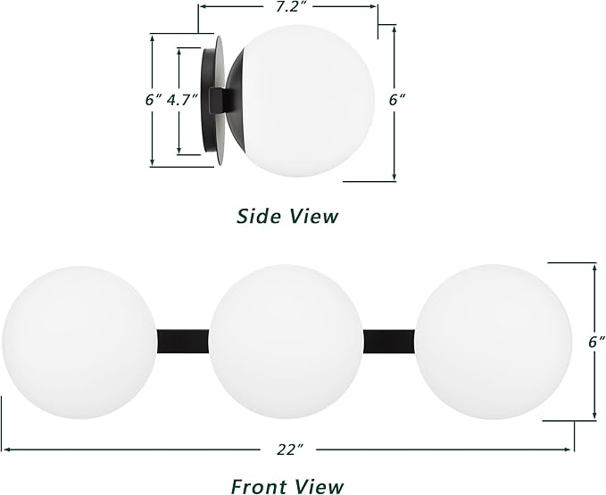 Bathroom Vanity Light Fixtures, Modern 3 Lights Globe Wall Sconce Lighting Matte Black, Porch Wall Mount Light Fixture for Bathroom, Mirror Cabinets Hallway Stairs (Matte Black, 3-Light)