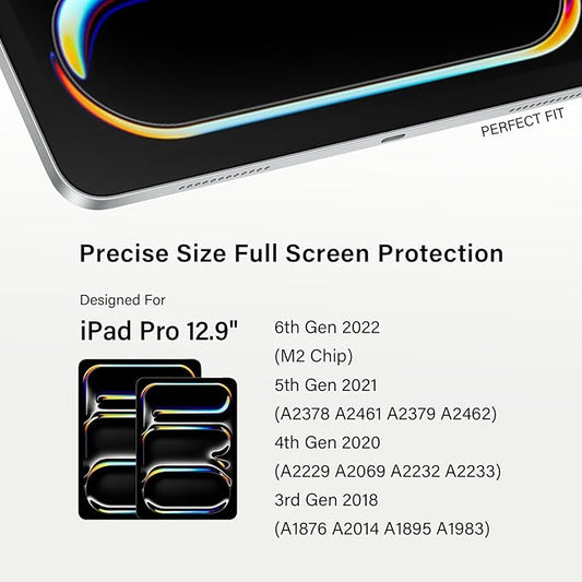 Paper Screen Protector Compatible with iPad Pro 12.9” Removable Draw and Write Like on Paper, Anti Glare Blue Light Filter, Sensitivity Film, Matte Shield Apple Pencil & Case Friendlly