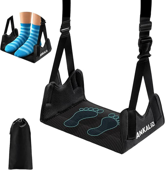 1 Pack No-Collapse Airplane Foot Hammock–Adjustable Foot Hammock for Plane Travel with Thick Bamboo Base, Lightweight Travel Footrest for Office, Flights(Black)