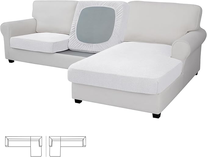 Easy-Going Stretch 3 Pieces Couch Cushion Covers for Sectional Sofa Left/Right L Shape Chaise Lounge Sofa Seat slipcover Anti-Slip Sofa Cover Soft (2 Seater + 1 Chaise, Snow White)