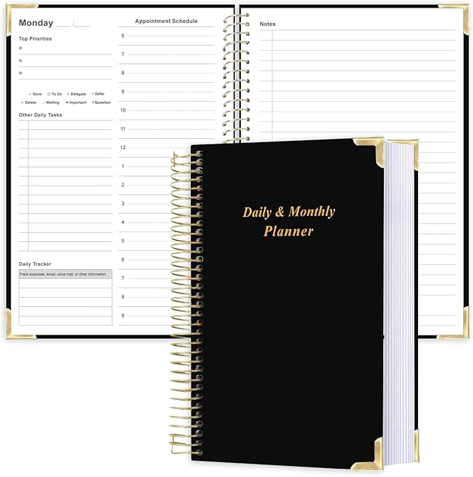 Undated Daily Monthly Planner for 2025 2026 - A5 To Do List with Hourly Schedule, Hardcover Spiral Bound Daily Planner to Increase Focus, Stylish School/Office Supplies, 5.8" x 8.5", Black