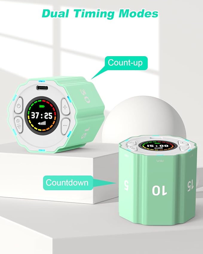 Digital Magnetic Hexagonal Timer Management Cube Timer with Customizable Alerts & Countdown - Rechargeable & Compact for Cooking, Working, Studying (Avocado Green)