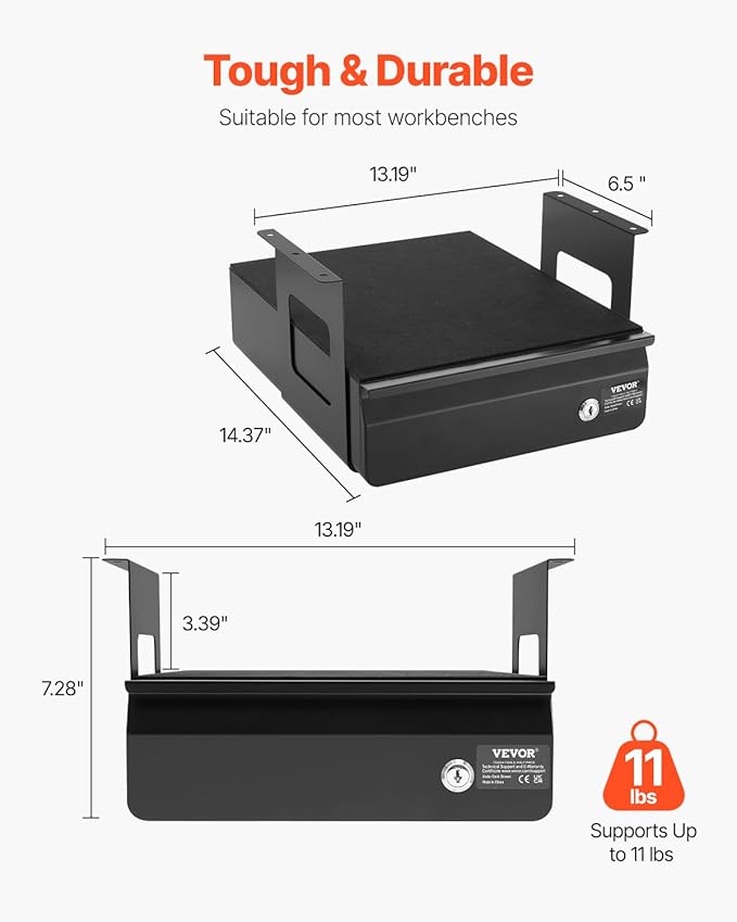 VEVOR Under Desk Lockable Slide Out Drawer, 13 inch Under Desk Pull-out Drawer for Sit Stand Workstation, Secure Under Counter Drawers for Home Office Storage Organizer, Black