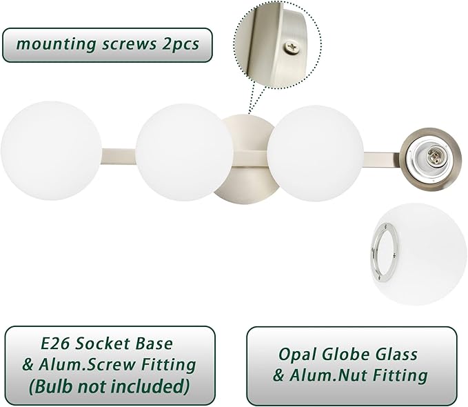 Bathroom Vanity Light Fixtures, Modern 4 Lights Globe Wall Sconce Lighting Brushed Nickel, Porch Wall Mount Light Fixture for Bathroom, Mirror Cabinets Hallway Stairs