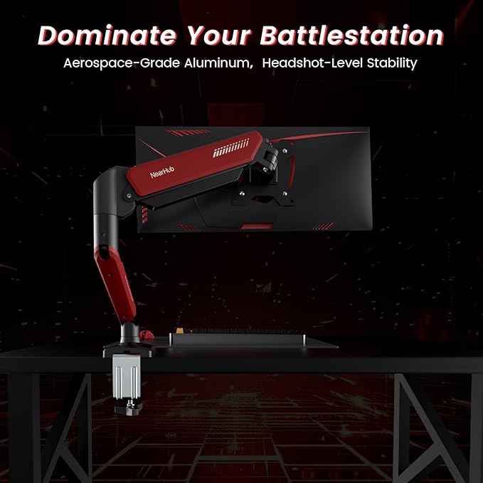 Gaming Monitor Mount for Computer Screen 13-32" and up to 22 lbs,360° Rotation,+90° to -45° Tilt,180° Swivel,with C Clamp and Grommet Base,Integrated Cable Management,75x75/100x100 VESA,RED