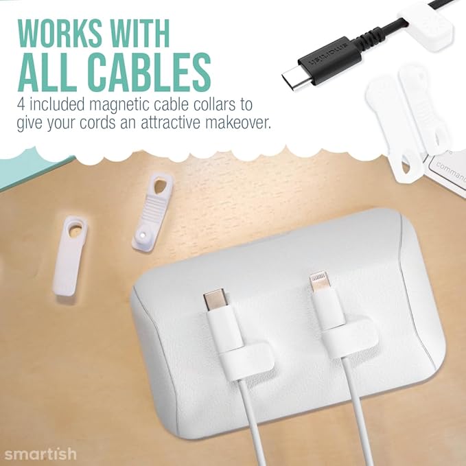 Smartish® Magnetic Cord Holder - Bigger Cable Wrangler Organizer with Magnet Clips for Charger Management on Desktop, Nightstand, or Side Table - Holds 6+ Cables - Snow Day White