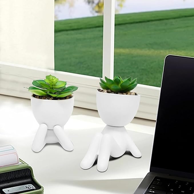 Zerzsy 2 PCS Small Fake Plants with Human-Shaped Pots Funny Room Decor Faux Plants Cute Desk Decor Fake Succulents Mini Plant Bathroom Decorations (Ceramic White)