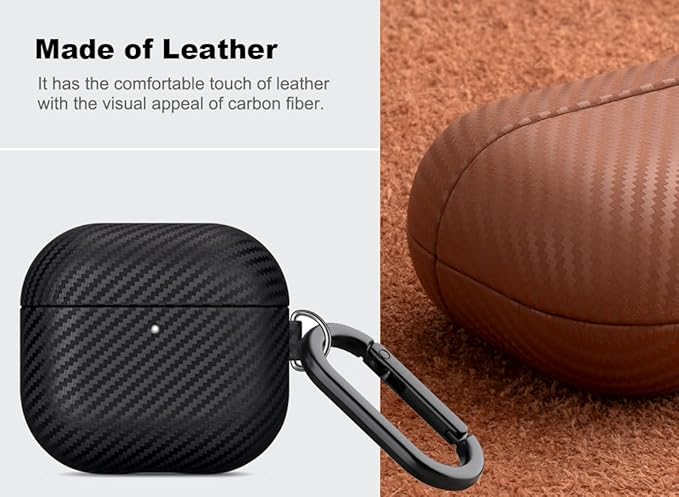 Leather Case for AirPods 4 / AirPods 4 with Active Noise Cancellation Case Cover with Keychain - Selected Skin-Friendly Leather, Carbon Fibre Texture, Handmade Shockproof Hard Cover - Black