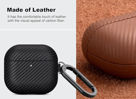Leather Case for AirPods 4 / AirPods 4 with Active Noise Cancellation Case Cover with Keychain - Selected Skin-Friendly Leather, Carbon Fibre Texture, Handmade Shockproof Hard Cover - Black