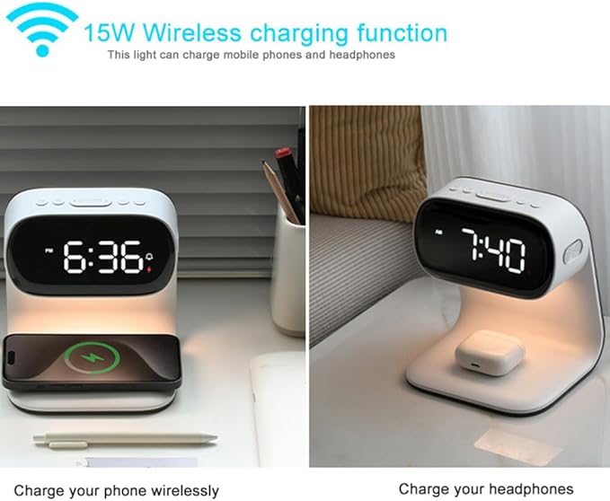 IHAO 3in1 Multi-Functional Wireless Charging Alarm Clock Smart Night Light Qi Charger LED Digital Clock Adjustable Light 15W Fast Wireless Charging for All Qi Phone and TWS Headphone