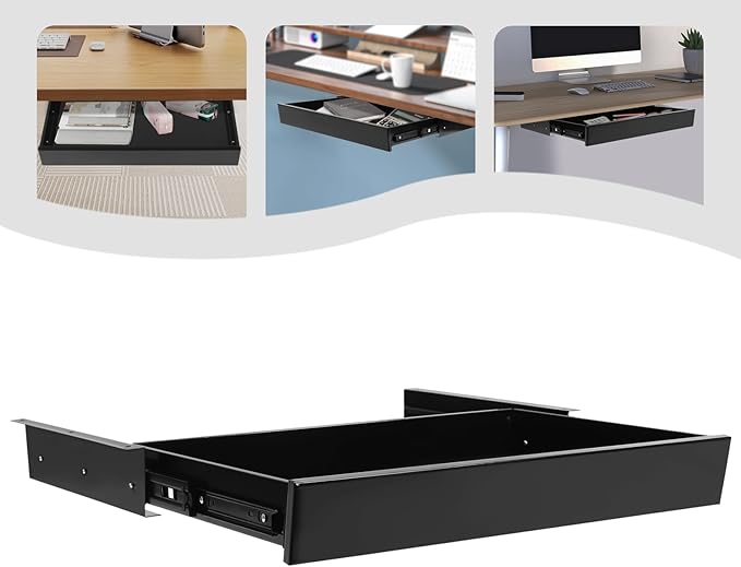 Under Desk Mounted Sliding Pull-out Drawer, 21.6 x 14 x 3inch Under Desk Office Storage Organizer, Mounts to Desktops Workbenches Over 0.787 Inches Thick, Load Capacity 2kg, Black