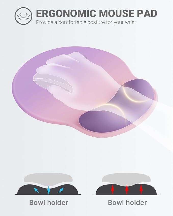 Ergonomic Mouse Pad Wrist Support, Comfortable Mouse Pad Wrist Rest, Relieve Wrist Pain Gel Mouse pad, Non-Slip Rubber Base Mousepad for Laptop, Computer (Gradient Pink Purple)