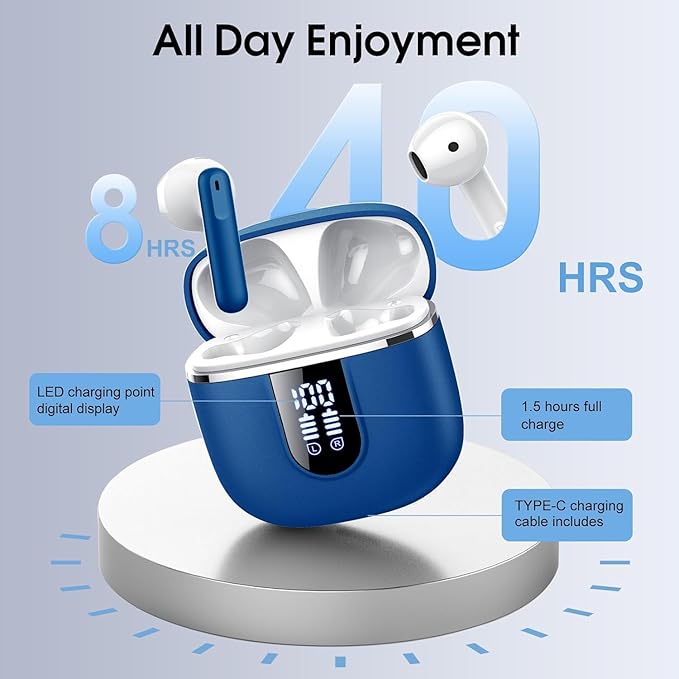 Wireless Earbuds, Bluetooth 5.4 Headphones with 3D Bass Stereo, 40H Ultralight in-Ear Buds, Bluetooth Earbuds with 4 ENC Noise Cancelling Mic, USB-C, IP7 Waterproof Earphones for Android iOS, Blue
