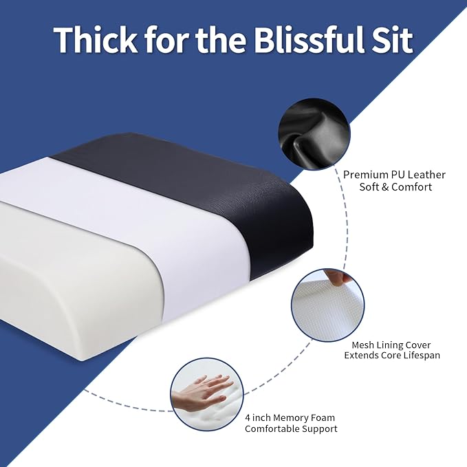 YOUFI Large Seat Cushion, 4 Inch Thick Memory Foam PU Leather Cushion for Sciatica, Hip, Low Back Pain Relief, Supportive Butt Pillow for Office Chair, Wheelchair