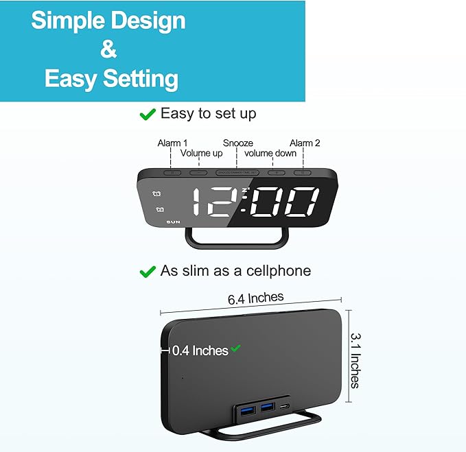 Slim LED Digital Alarm Clock, Mirror Surface for Makeup, with Diming, Large Display, Easy Setting, USB Ports, Modern Decor for Bedroom, Desk, Idea for Women, Sister, College Girl, Black