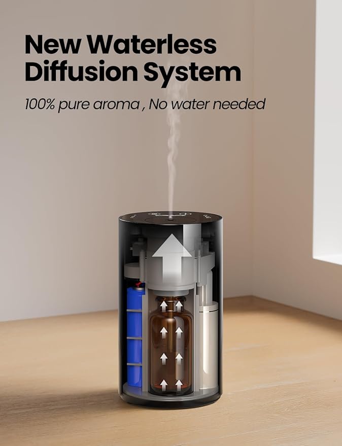 Waterless Essential Oil Diffuser, Portable Aromatherapy Diffuser with 20mL Capacity, Battery Operated Mini Scent Diffuser,3 Mist Levels & Timers, Leak-Free, for Home, Car, Office (Black)