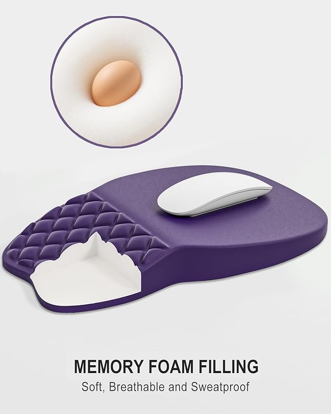 Auhoahsil Ergonomic Mouse Pad with Wrist Rest, Comfortable Slope Computer Mouse Mat with Wrist Support, Memory Foam Filling, Non-Slip Silicone Base, Pain Relief, for Gaming & Work, 8 x 12 in, Purple