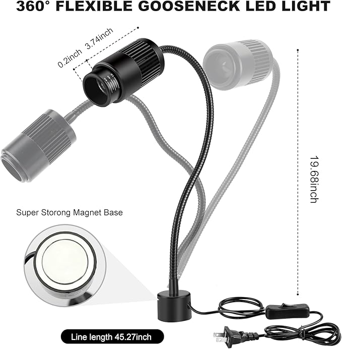 9W Magnetic LED Work Light, Adjustable Fucos Gooseneck Shop Light with Magnetic Base, Sewing Machine Light, Magnet Task Lamp for Work Bench, Lathe, Bandsaw