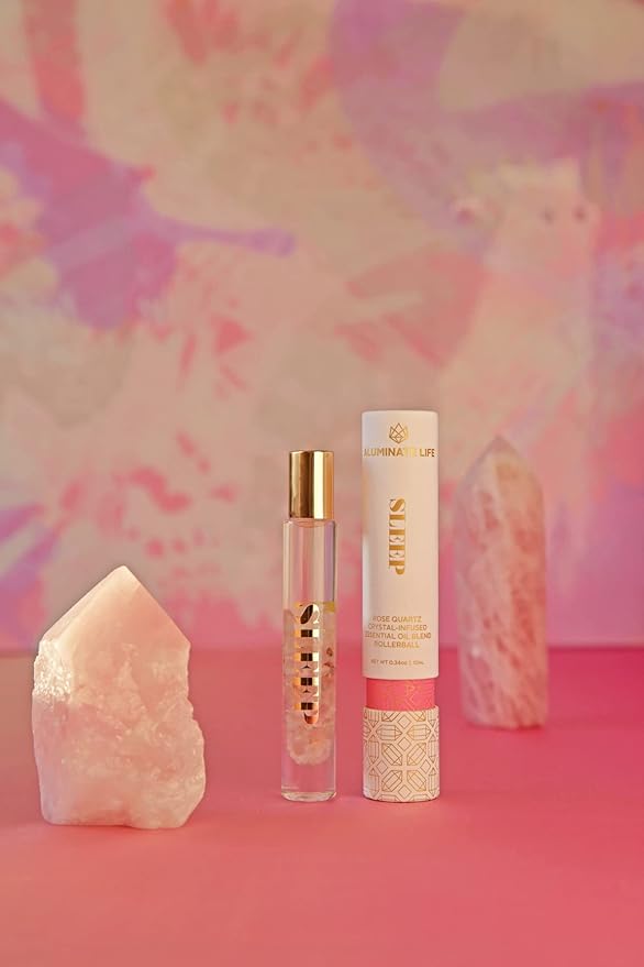 Essential Oil Rollerballs, .34 OZ, Sleep - Rose Quartz Crystal Infused - Scents of Rose, Lavender, and Vanilla - Aromatherapy Roll On, Valentine's Day Gift