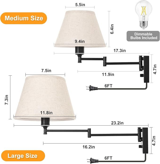 TRLIFE Dimmable Wall Sconce Plug in, Wall Sconces Set of Two Swing Arm Wall Lights with Plug in Cord and On/Off Dimmer Rotary Switch, 11.8" Large Beige Fabric Shade(2 Pack, 2 Bulbs Included)