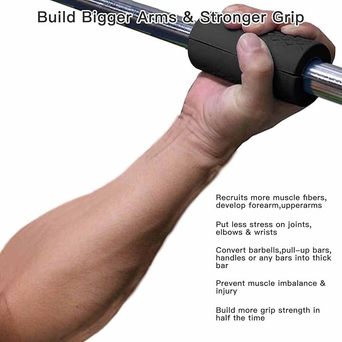 Thick Dumbbell & Barbell Grips for Weightlifting - High-Density Silicone Rubber, Non-Slip Gym Grips for Muscle Growth, Hand Stress Relief, Arm Blaster Adapter (1 Pair)