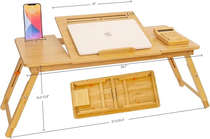 Laptop Desk for Bed, COIWAI Laptop Bed Tray, Bamboo Lap Desk with Tablet Slot, Adjustable Height Angle, Foldable Tray for Sofa Couch Floor, with Storage Drawer - Large