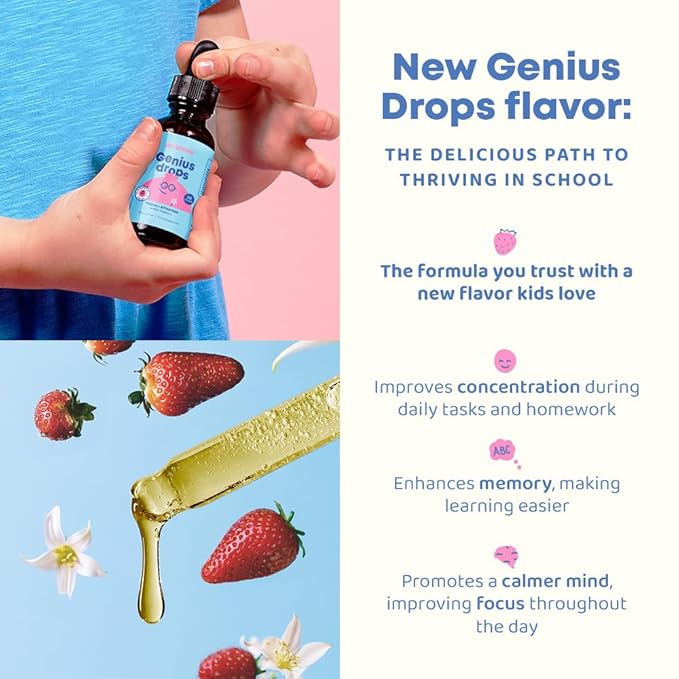 JoySpring Genius Drops Smartberry Vanilla | Herbal Focus Support for Kids with Ginkgo Biloba, Licorice Root, Gotu Kola Extract, Peppermint Leaf | Liquid Formula|1fl oz (30 Servings)